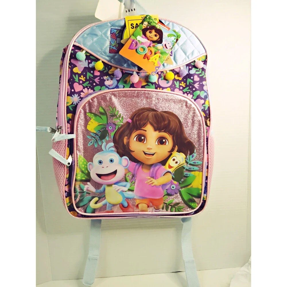 Dora the Explorer Purple Pink Glitter Floral Small Backpack Zip, Pom Poms